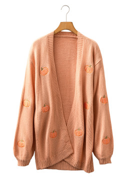 Straw Yellow Pumpkin Print Open Front Drop Shoulder Midi Cardigan