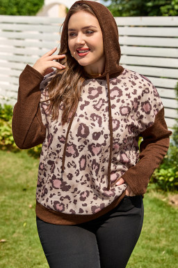 Brown Leopard Print Knit Patchwork Plus Hoodie