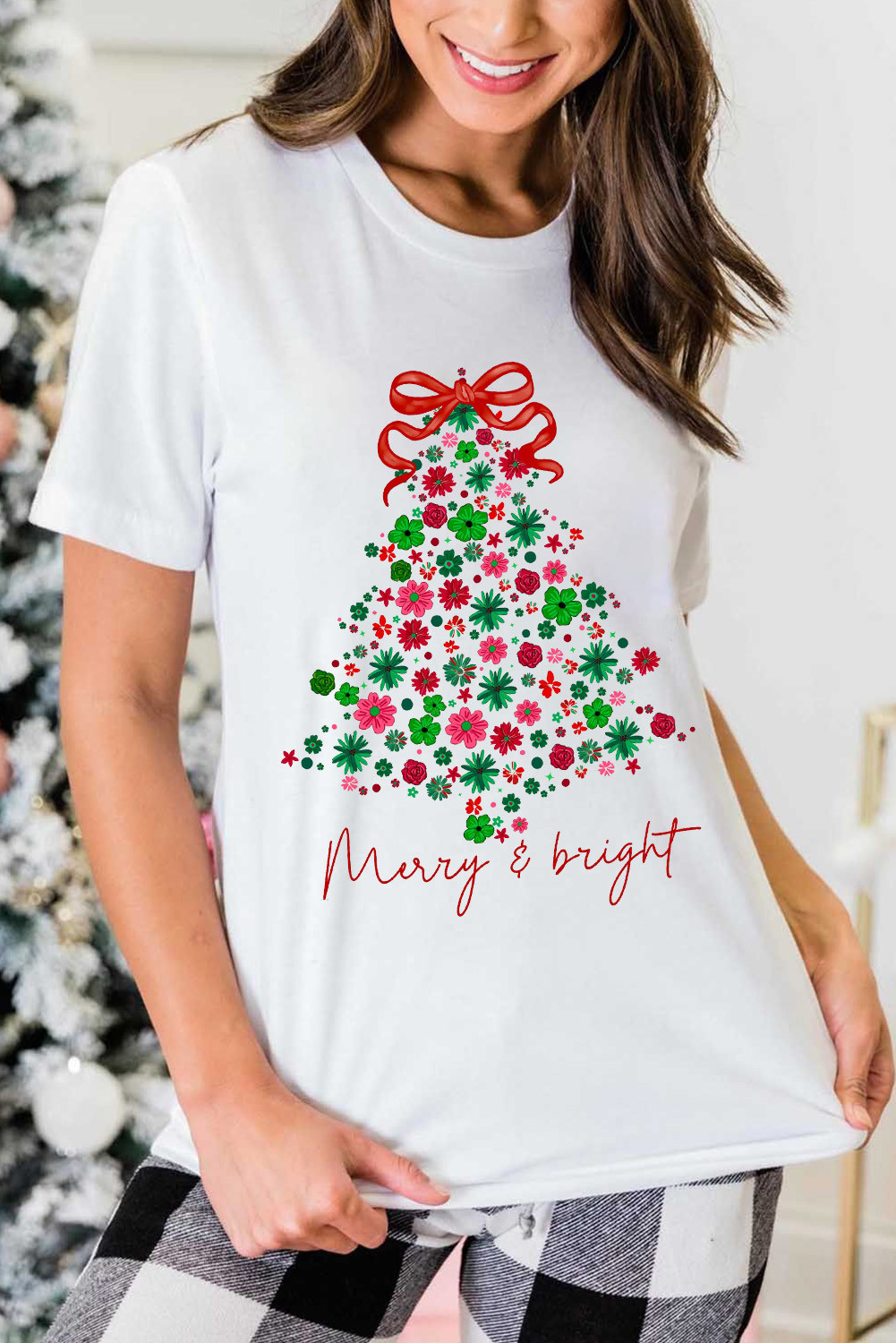 White Merry & Bright Floral Christmas Tree Graphic T Shirt
