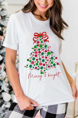White Merry & Bright Floral Christmas Tree Graphic T Shirt