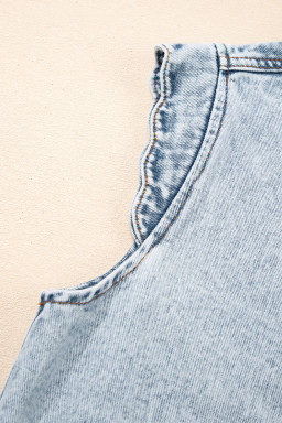 Beau Blue Scalloped Trim Patch Pocket Button Front Denim Vest