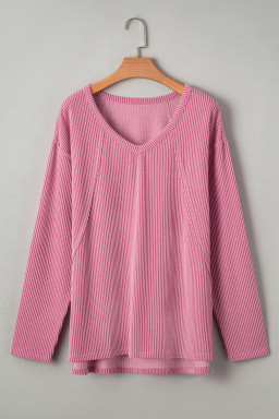 Pink Twisted Rib Texture Exposed Seam Patchwork Loose Long Sleeve Top