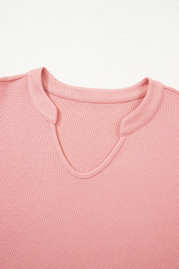 Pink Floral Sleeve Patchwork Waffle Knit Notched V Neck Plus Size Top