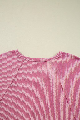 Pink Twisted Rib Texture Exposed Seam Patchwork Loose Long Sleeve Top