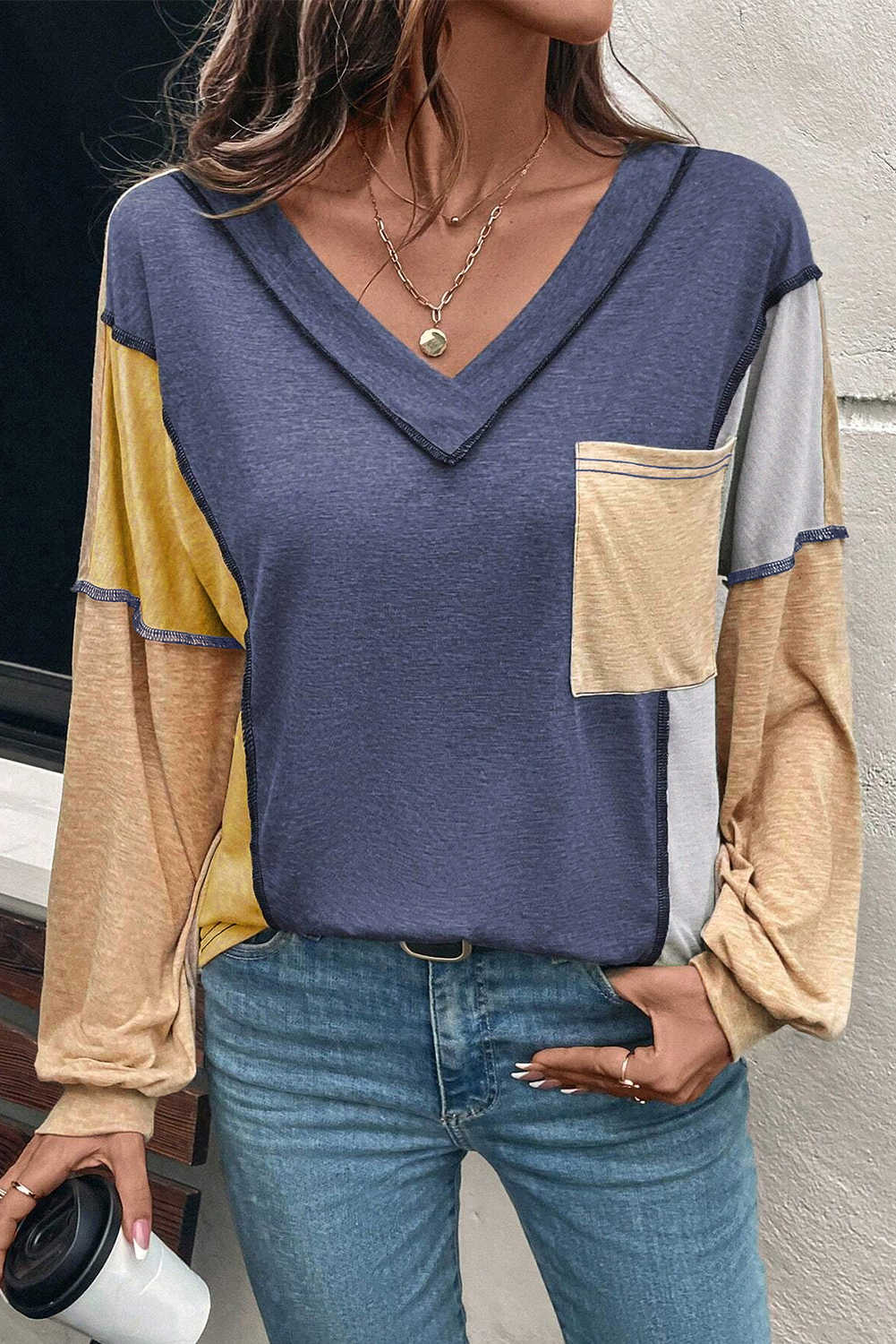 Sail Blue Exposed Stitching Colorblock V Neck Long Sleeve Top