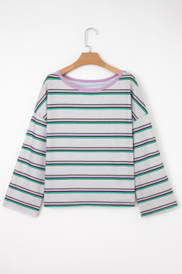 Purple Stripe Oversize Drop Shoulder Long Sleeve Casual Top