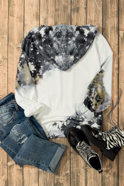 Gray Bleached Tie Dye Kangaroo Pocket Drawstring Hoodie