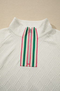 Beige Plus Size Rhombus Texture Contrast Striped Collar Baggy Sweatshirt