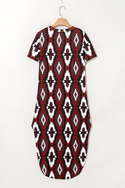 Red Western Aztec Printed Long T-shirt Dress