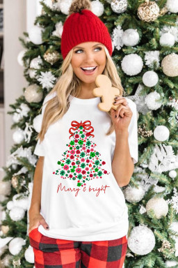 White Merry & Bright Floral Christmas Tree Graphic T Shirt