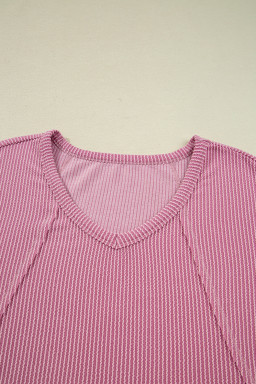 Pink Twisted Rib Texture Exposed Seam Patchwork Loose Long Sleeve Top