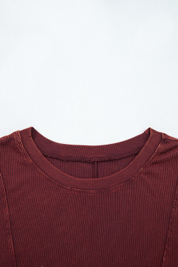 Burgundy Exposed Seam Ribbed Long Sleeve Top