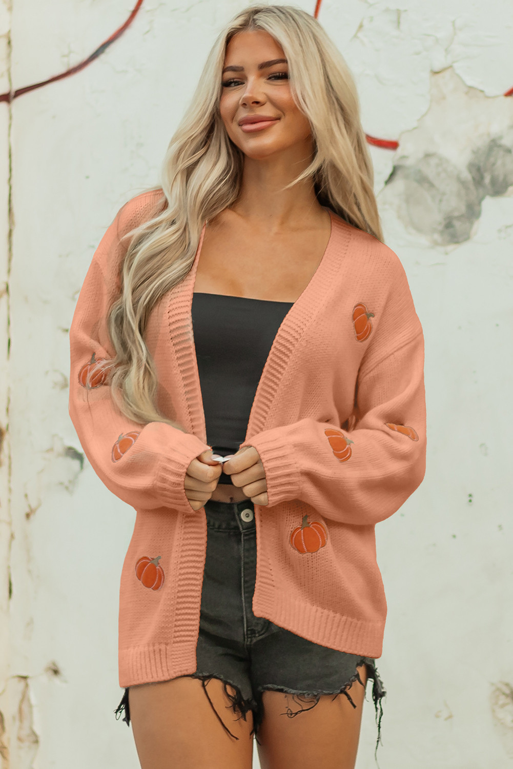 Straw Yellow Pumpkin Print Open Front Drop Shoulder Midi Cardigan