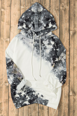 Gray Bleached Tie Dye Kangaroo Pocket Drawstring Hoodie
