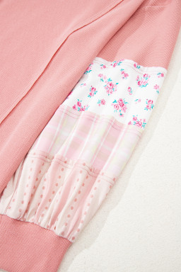 Pink Floral Sleeve Patchwork Waffle Knit Notched V Neck Plus Size Top