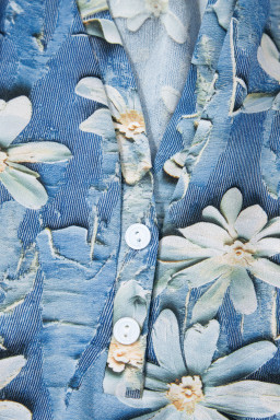 Sky Blue Fall Floral Half Placket Collared V Neck Blouse