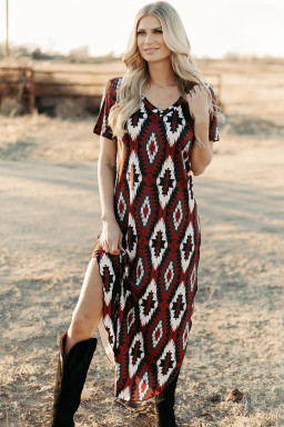 Red Western Aztec Printed Long T-shirt Dress