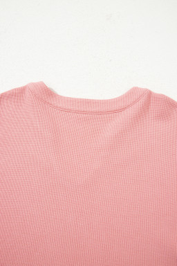 Pink Floral Sleeve Patchwork Waffle Knit Notched V Neck Plus Size Top