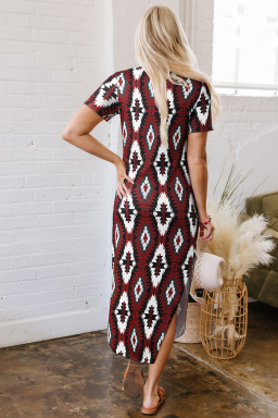 Red Western Aztec Printed Long T-shirt Dress