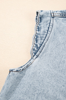 Beau Blue Scalloped Trim Patch Pocket Button Front Denim Vest