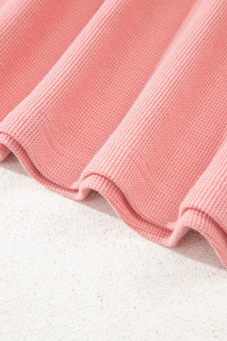 Pink Floral Sleeve Patchwork Waffle Knit Notched V Neck Plus Size Top