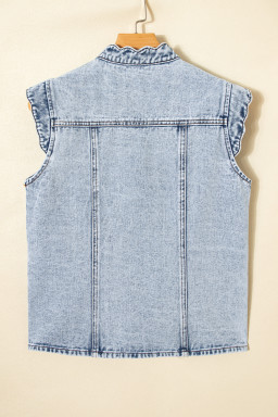 Beau Blue Scalloped Trim Patch Pocket Button Front Denim Vest