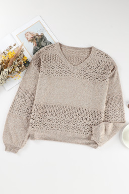 Brown Eyelet Pattern Detail V Neck Drop Shoulder Sweater