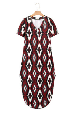 Red Western Aztec Printed Long T-shirt Dress