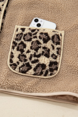 Casual Leopard Print Accent Plush Jacket with Pockets