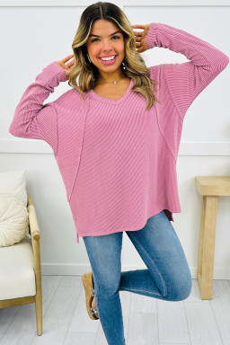 Pink Twisted Rib Texture Exposed Seam Patchwork Loose Long Sleeve Top