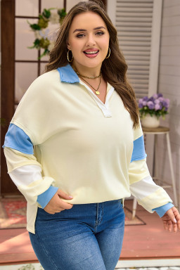 Yellow Cream Raw Seam Color Block Patchwork Plus Size V Neck Pullover