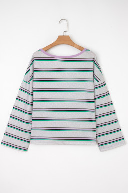 Purple Stripe Oversize Drop Shoulder Long Sleeve Casual Top