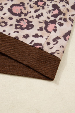 Brown Leopard Print Knit Patchwork Plus Hoodie