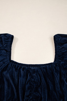 Navy Blue Velvet Ruched Bust Square Neck Short Puff Sleeve Plus Dress