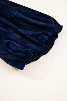 Navy Blue Velvet Ruched Bust Square Neck Short Puff Sleeve Plus Dress