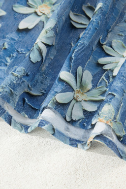 Sky Blue Fall Floral Half Placket Collared V Neck Blouse