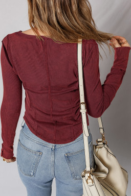 Burgundy Exposed Seam Ribbed Long Sleeve Top