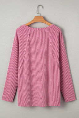 Pink Twisted Rib Texture Exposed Seam Patchwork Loose Long Sleeve Top