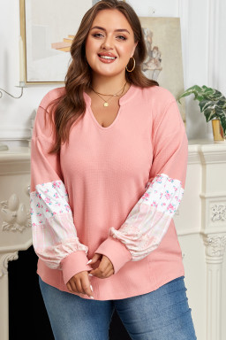 Pink Floral Sleeve Patchwork Waffle Knit Notched V Neck Plus Size Top