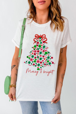 White Merry & Bright Floral Christmas Tree Graphic T Shirt