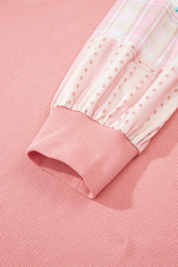 Pink Floral Sleeve Patchwork Waffle Knit Notched V Neck Plus Size Top