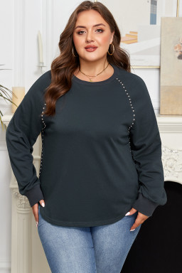Black Studded Decor Ribbed Edge Mineral Wash Plus Size Jumper