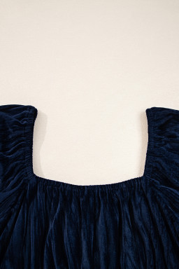 Navy Blue Velvet Ruched Bust Square Neck Short Puff Sleeve Plus Dress
