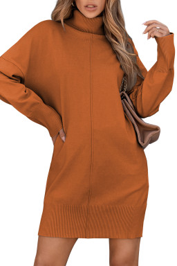 Gold Flame Solid Color Turtleneck Drop Shoulder Loose Sweater Dress