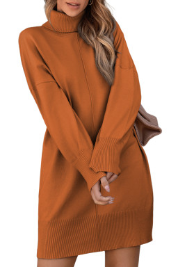 Gold Flame Solid Color Turtleneck Drop Shoulder Loose Sweater Dress