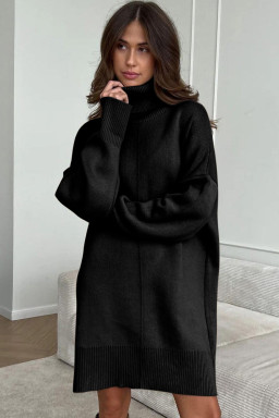 Black Solid Color Turtleneck Drop Shoulder Loose Sweater Dress