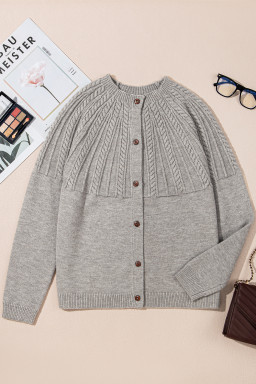 Gray Solid Color Textured Detail Button Down Long Sleeve Sweater Cardigan