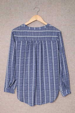 Blue Striped Print V Neck Half Buttons Loose Blouse