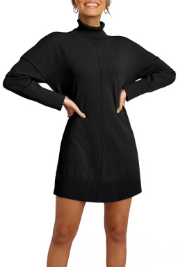 Black Solid Color Turtleneck Drop Shoulder Loose Sweater Dress
