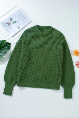 Vineyard Green Solid Color Mixed Textured Knitted Crew Neck Sweater